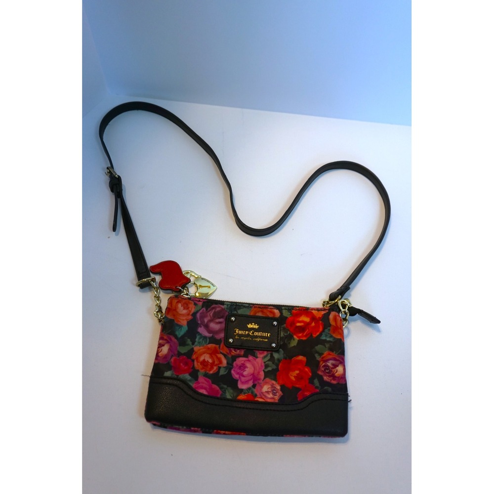 Juicy Couture Floral Rose Crossbody Bag Black Pink Gold Chain Strap KC.1255